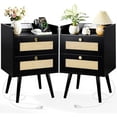 thumbnail image 1 of Nightstands Set of 2 with Charging Station, Modern Boho Rattan Bedside Tables with 2 Drawers, Solid Wood Legs, Open Storage End Tables for Bedroom Living Room Dorm – Black, 1 of 5