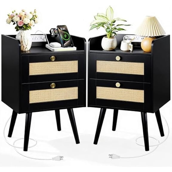 Nightstands Set of 2 with Charging Station, Modern Boho Rattan Bedside Tables with 2 Drawers, Solid Wood Legs, Open Storage End Tables for Bedroom Living Room Dorm – Black