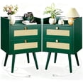 thumbnail image 1 of Nightstands Set Of 2 With Charging Station, Modern Boho Rattan Bedside Tables With 2 Drawers, Solid Wood Legs, Open Storage End Tables For Bedroom Living Room Dorm, Green, 1 of 5