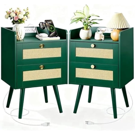 Nightstands Set Of 2 With Charging Station, Modern Boho Rattan Bedside Tables With 2 Drawers, Solid Wood Legs, Open Storage End Tables For Bedroom Living Room Dorm, Green