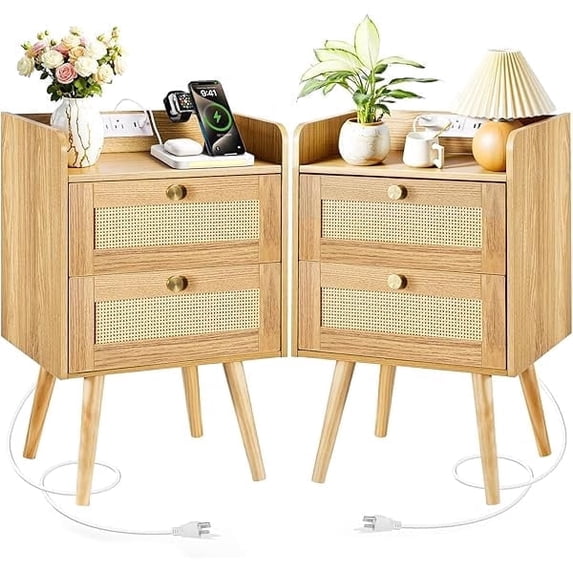 Nightstands Set of 2 with Charging Station, Modern Boho Rattan Bedside Tables with 2 Drawers, Solid Wood Legs, Open Storage End Tables for Bedroom Living Room Dorm – Natural