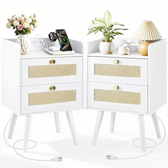 Nightstands Set of 2 with Charging Station, Modern Boho Rattan Bedside Tables with 2 Drawers, Solid Wood Legs, Open Storage End Tables for Bedroom Living Room Dorm – White