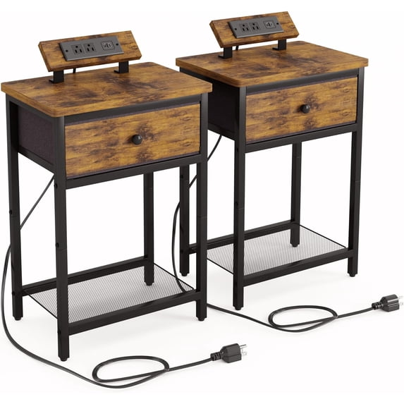 Nightstands Set of 2 with Charging Station, Night Stand End Table with USB Ports & Outlets, Bedside Table with Fabric Drawer for Bedroom, Rustic Brown