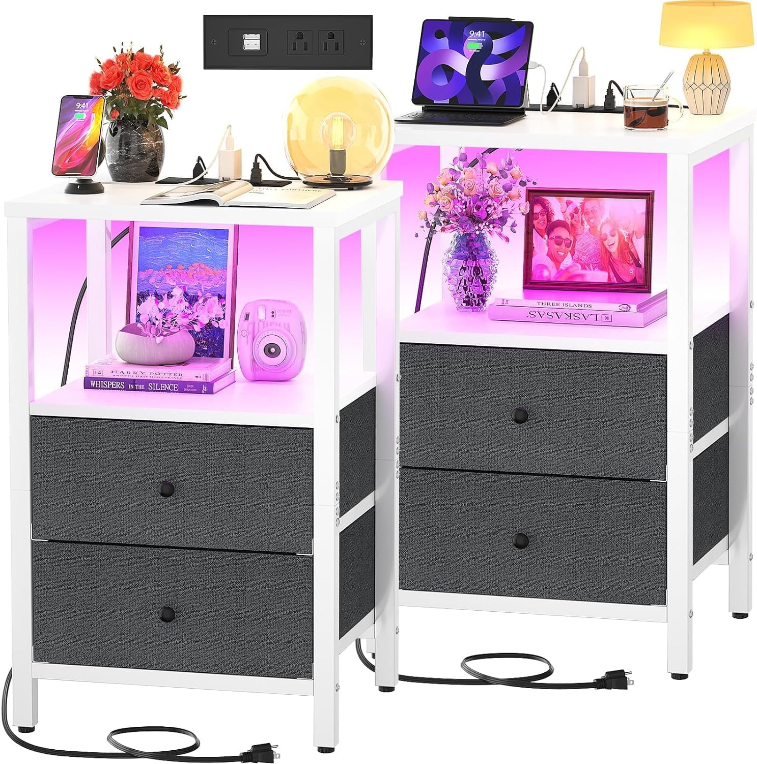Nightstands Set of 2 with Charging Station, Night Stand with LED Lights