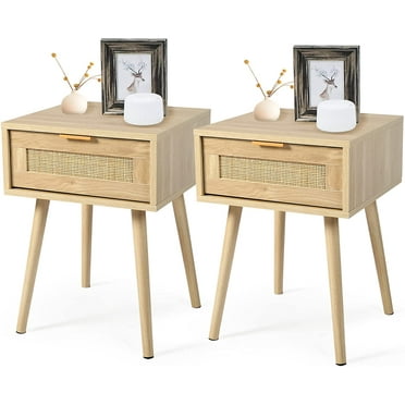 Nightstands Set of 2 with Drawer Mid Century Modern Bedside Table Set of 2 Rattan Drawer End Table with Storage Wooden Accent Sofa Side Table for Bedroom Living Room(01)