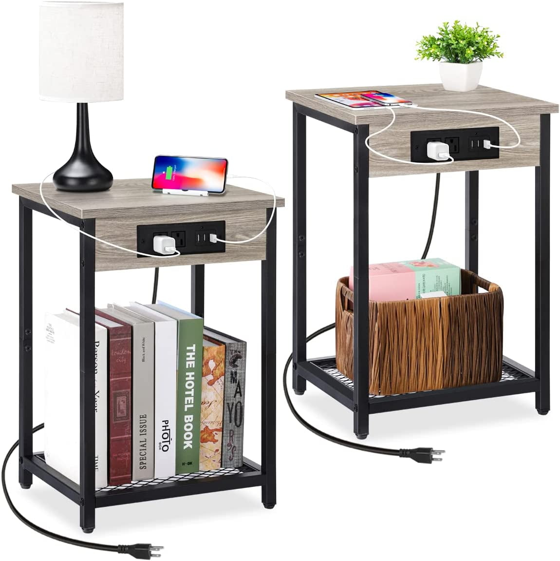 Nightstands Set of 2, End Table with Charging Station & USB Ports, 2 Tier Narrow Side Tables