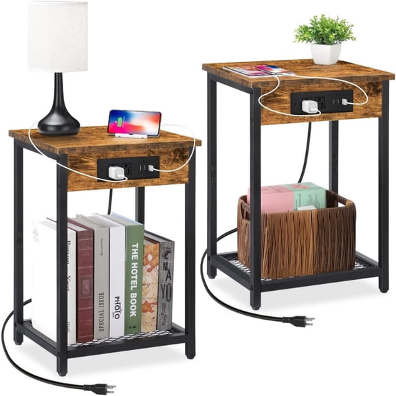Nightstands Set of 2, End Table with Charging Station & USB Ports, 2 Tier Narrow Side Tables Bedroom with Storage Shelf, Living Room Sofa Couch(Brown)