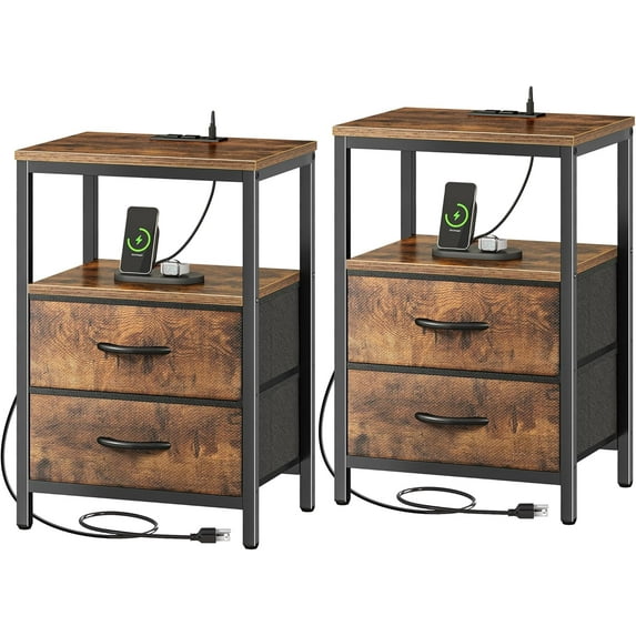 Nightstands Set of 2, End Tables with Charging Station, Side Tables with Fabric Drawers, Bedside Tables with USB Ports and Outlets, Night Stands for Bedroom,Rustic Brown