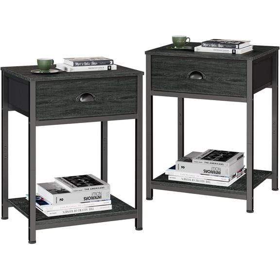Nightstands Set of 2, Industrial End Table with Fabric Drawer&Storage Shelf, Small Bedside Table Organizer for Small Space for Living Room, Tall 23.6" Night Stand for Bedroom, Black Oak