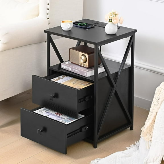 Nightstands Set of 2 with LED, Night Stand with Charging Station, Black End Tables Set 2 with Wood Drawers, Black Side Tables with USB and Outlets, Bedside Tables for Bedroom, Living Room