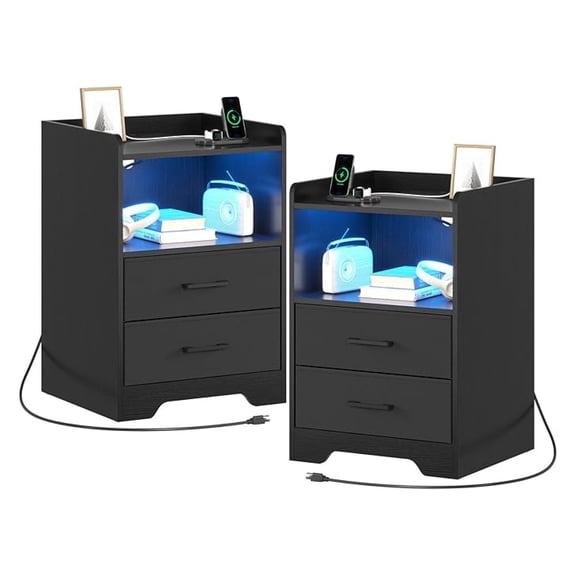 Nightstands Set 2, LED Nightstand with Charging Station, End Side Table with USB Port, Bedside Table with 2 Fabric Drawers and Open Compartment for Bedroom, Black