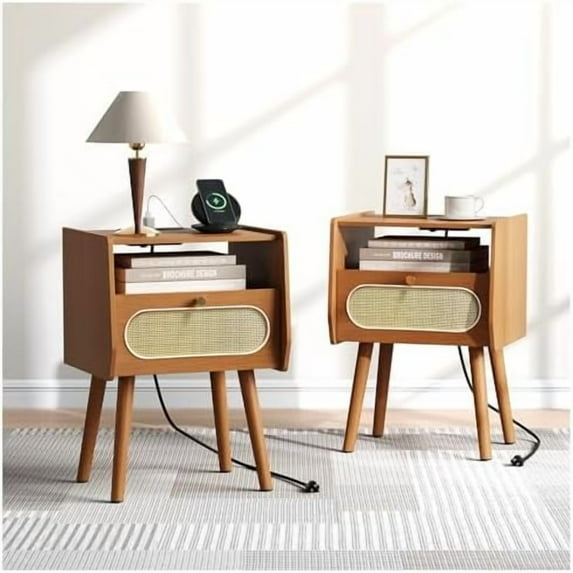 Nightstands Set of 2, Mid Century Modern Bedside Table with Charging Station & Rattan Decor Drawer, Boho End Table with Storage & Solid Wood Feet for Bedroom, Cherry