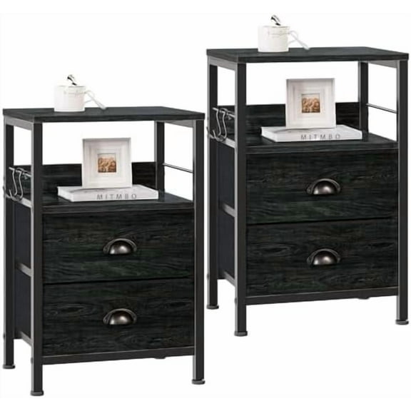 Nightstands Set 2, Night Stand with 2 Fabric Drawers, Bedside Tables with Open Shelf, Wooden Top, Hooks, Backboard Design, Metal Frame, End Tables for Bedroom/Living Room/Study/Black Oak