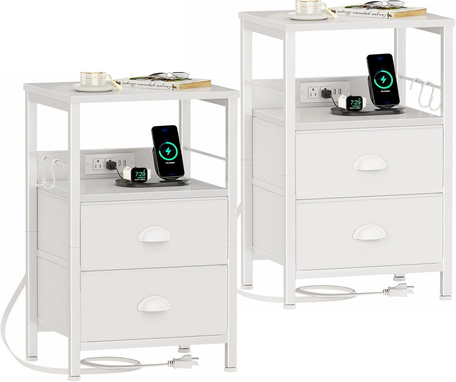 Sthmec Grey Nightstands Set Of 2 With Charging Station & Fabric Drawer - Bedside Tables With Storage Shelves