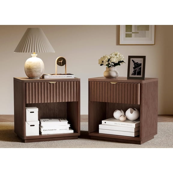 Nightstands Set of 2, Nightstand with Drawers Bedside Table End Table, Modern Fluted Nightstand Bed Side Table for Bedroom Living Room Home Office (Walnut)