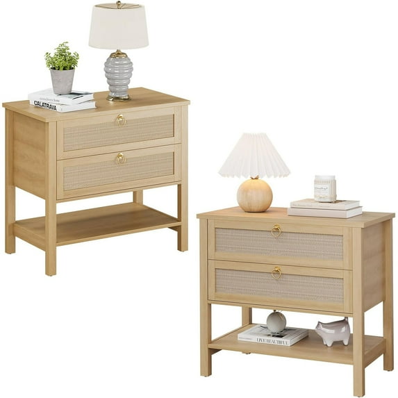 Nightstands Set of 2, Rattan Night Stand Bedside Table with Drawers Storage Shelf, Narrow Bedside Table, Mid Century Modern Nightstand for Bedroom Living Room