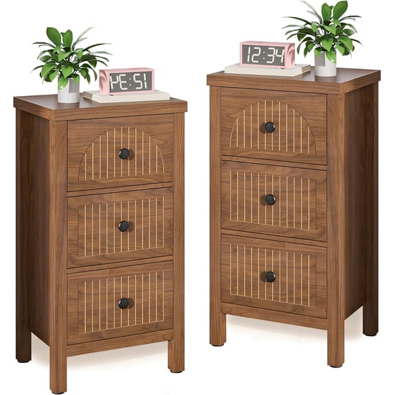 Nightstands Set of 2 Side Table with Fluted Drawers,Mid Century Modern Nightstand,29.33‘’ Tall Wood Bedside Tables with 3 Drawer,Narrow Bed Side Table for Bedroom,Small Space,Walnut, 2 Piece