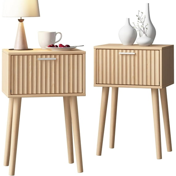 Nightstands Set of 2, Small Side Table, Bedside Table with Fluted Door, Solid Wood Feet; Modern Mid-Century End Table for Bedroom, Small Space (Natural)