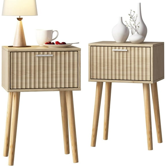 Nightstands Set of 2, Small Side Table, Bedside Table with Fluted Door, Solid Wood Feet; Modern Mid-Century End Table for Bedroom, Small Space (Natural)