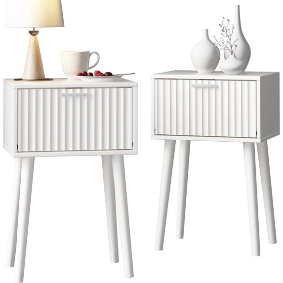 Nightstands Set of 2, Small Side Table, Bedside Table with Fluted Door, Solid Wood Feet; Modern Mid-Century End Table for Bedroom, Small Space (White)