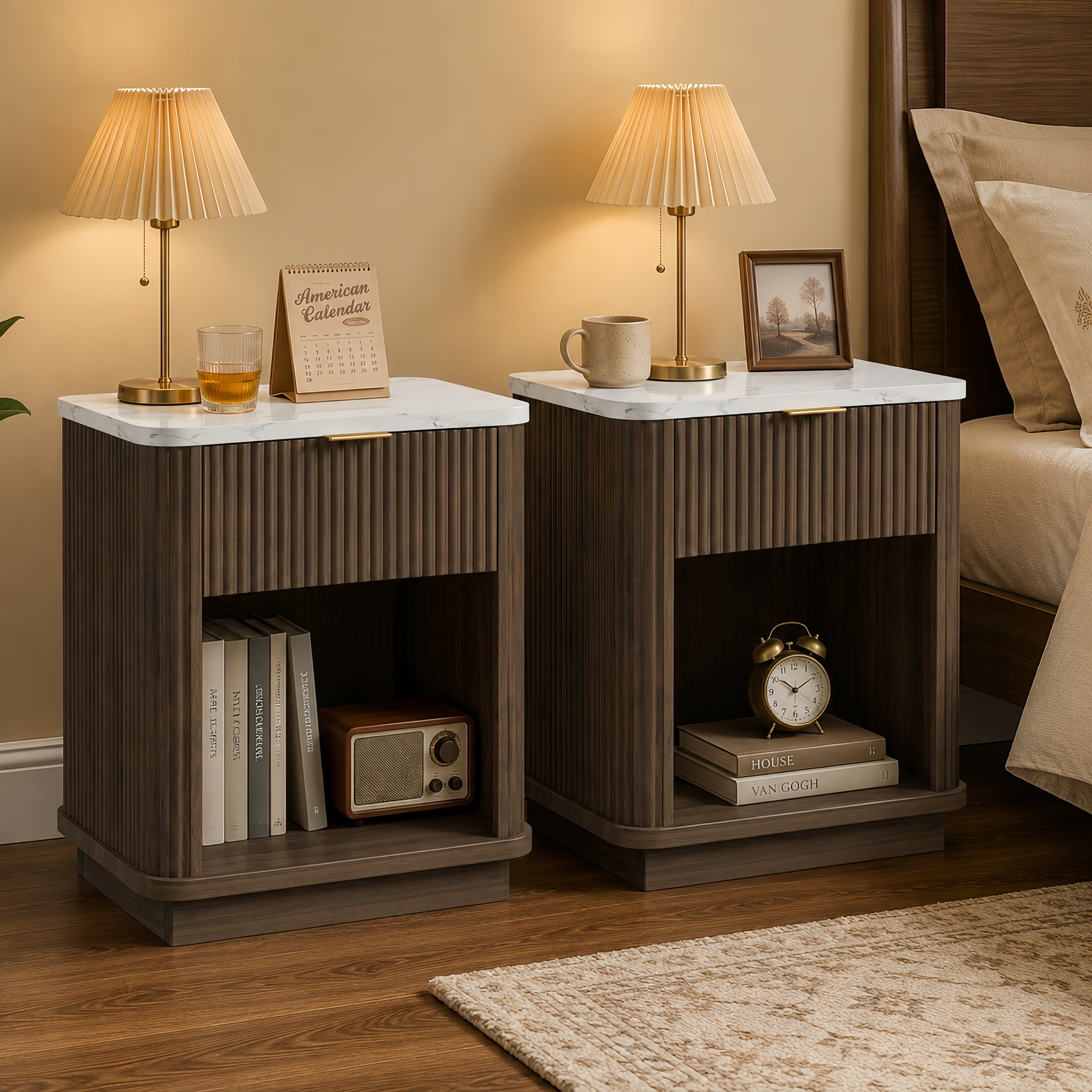 Nightstands Set of 2,Walnut Finish Fluted Nightstand with Storage Drawer and Open Shelf, Faux Marble-Look Top, Gold-Tone Handle, Modern Bedside Table and End Table for Bedroom, Guest Room, Dorm