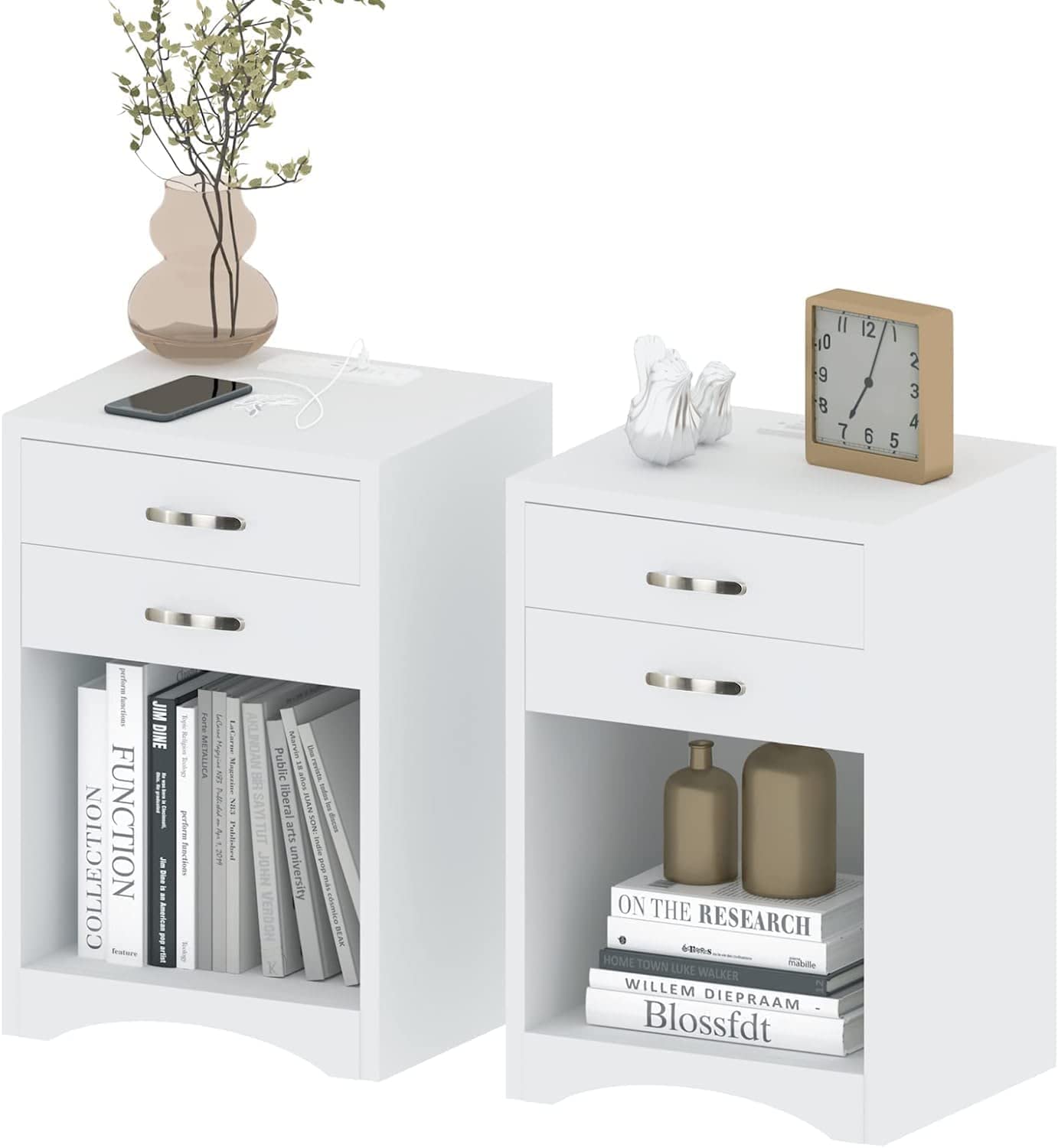 Nightstands Set of 2, White Nightstand with Charging Station 2 Drawer