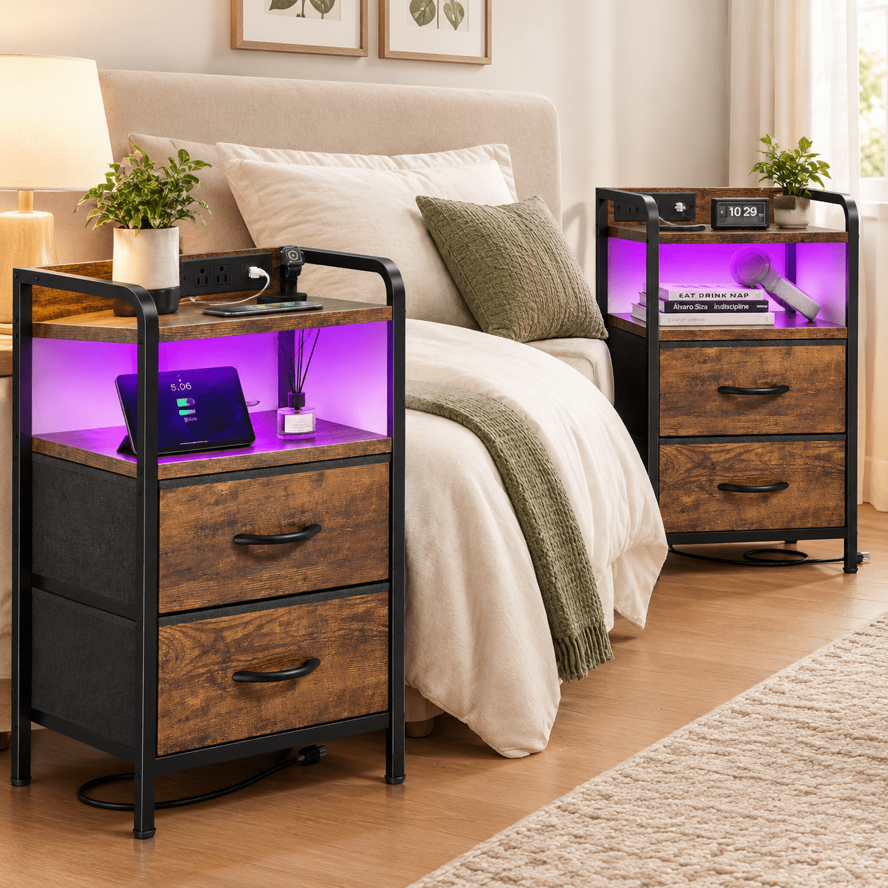 Nightstands Set Of 2 Night Stand With Led Lights Charging Station ...