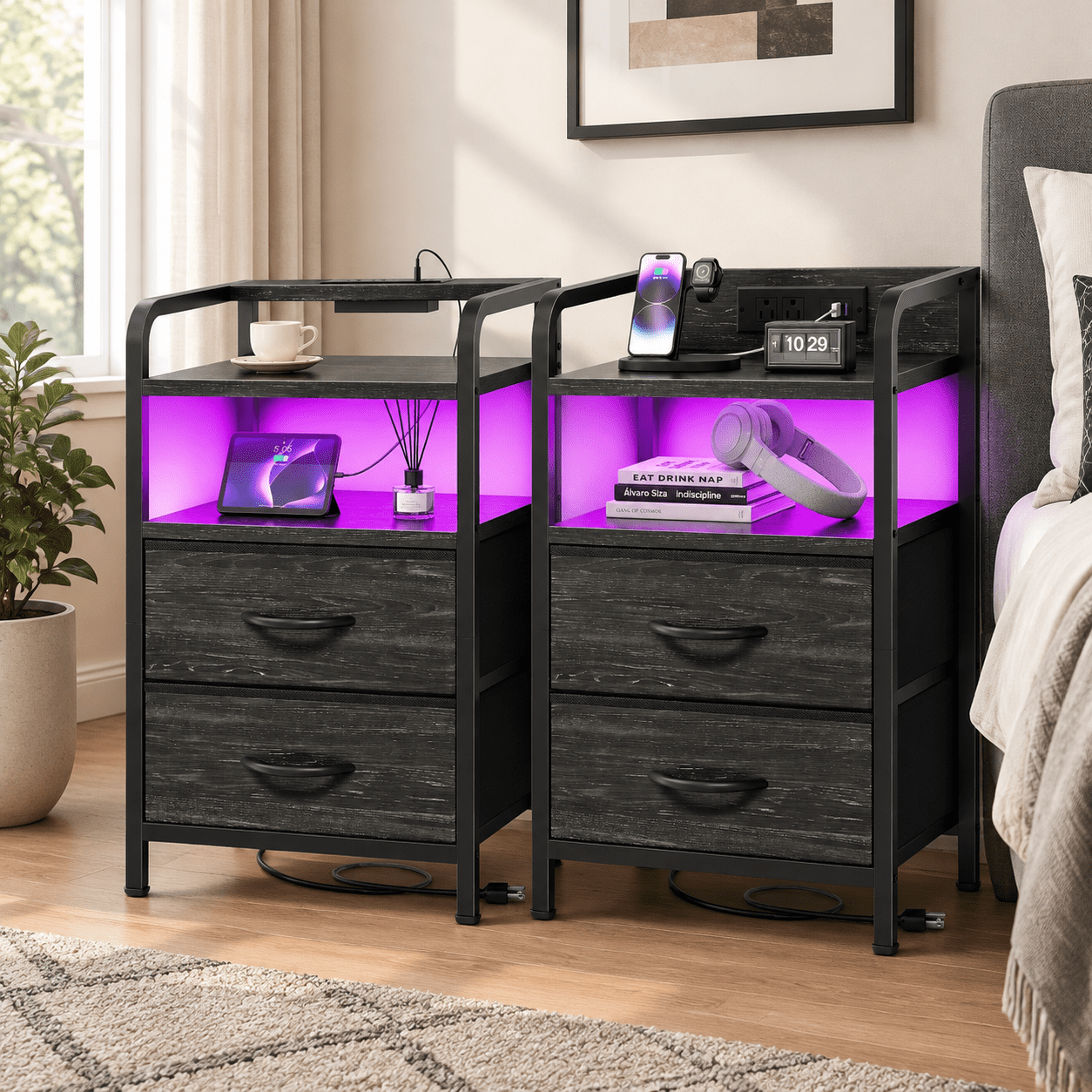 Nightstands Set Of 2 Night Stand With Led Lights Charging Station ...
