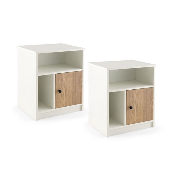 Nightstands Set of 2, 25 Inch Bedside Tables with Doors & Shelves - White Bedroom Storage - Living Room End Tables - Bamboo & Engineered Wood