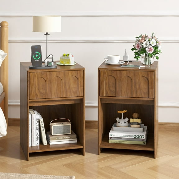 Nightstands Set of 2, Bedside Table with Drawer and Open Shelf, Mid-Century Modern End Table with Charging Station for Bedroom, Living Room (Walnut)