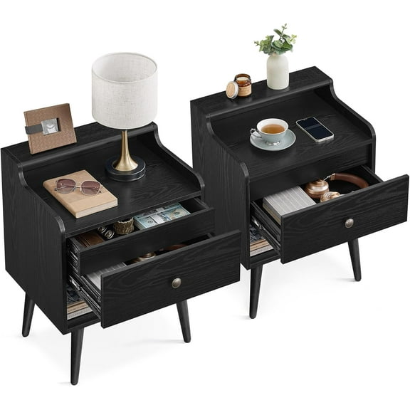 Nightstands, Set of 2, Bedside Tables with Hidden Drawers, Mid-Century End Side Tables with Solid Wood Legs, for Bedroom, Ebony Black ULET624B01