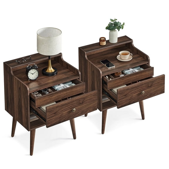 Nightstands, Set of 2, Bedside Tables with Hidden Drawers, Mid-Century End Tables with Solid Wood Legs, Side Tables for Bedroom, Natural Walnut