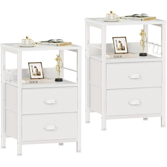 Nightstands Set of 2, End Table with 2 Fabric Drawers, Night Stand with 2 Hooks, Open Wood Shelf Bedside Table for Bedroom/Living Room/White
