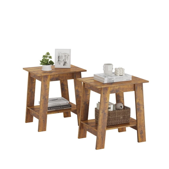 Nightstands Set of 2, Farmhouse End Side Table with 2 Tier Storage Shelf, Small Bedside Table for Living Room Bedroom, Small Spaces, Brown