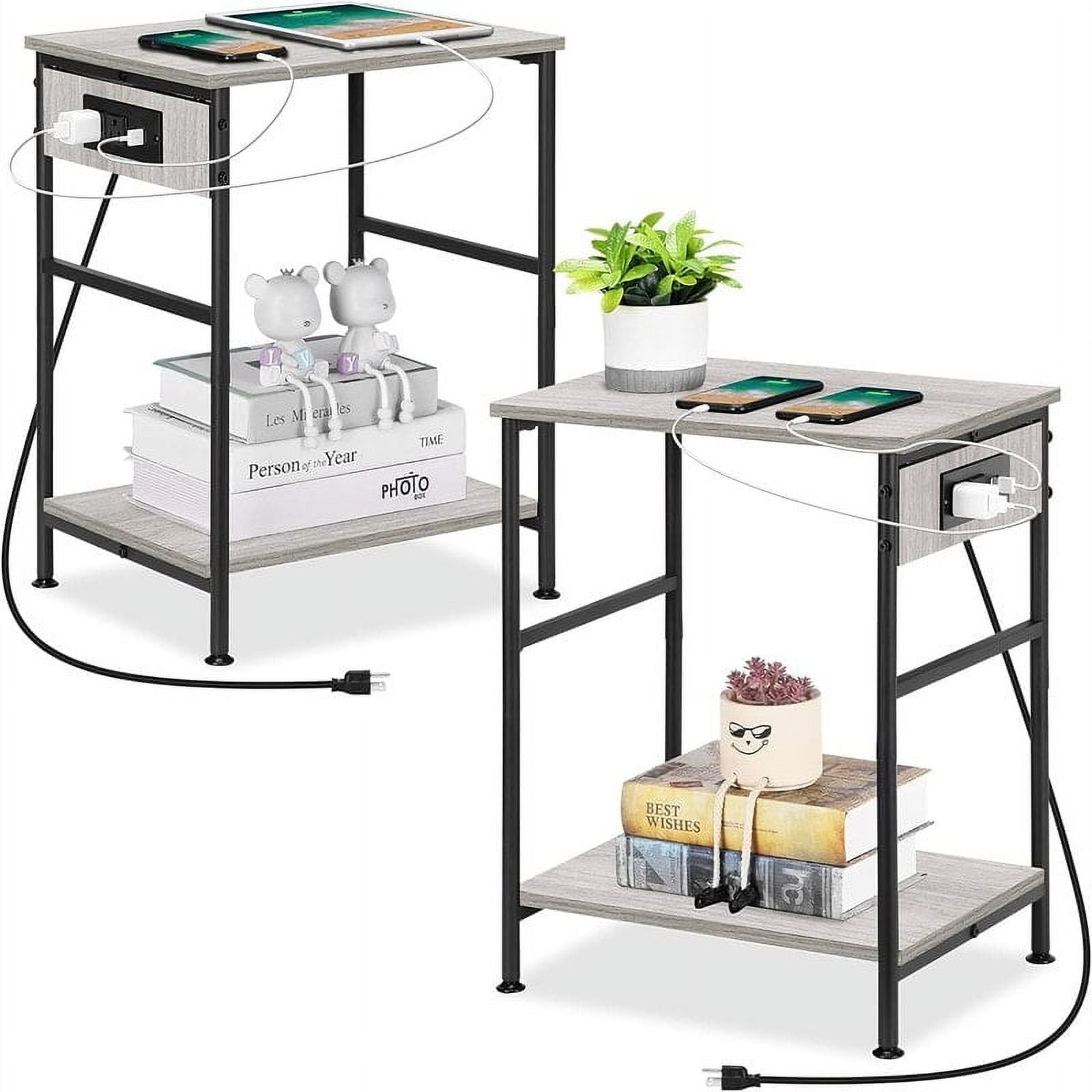 Greige Particle Board and Black Metal Nightstands with Charging Ports