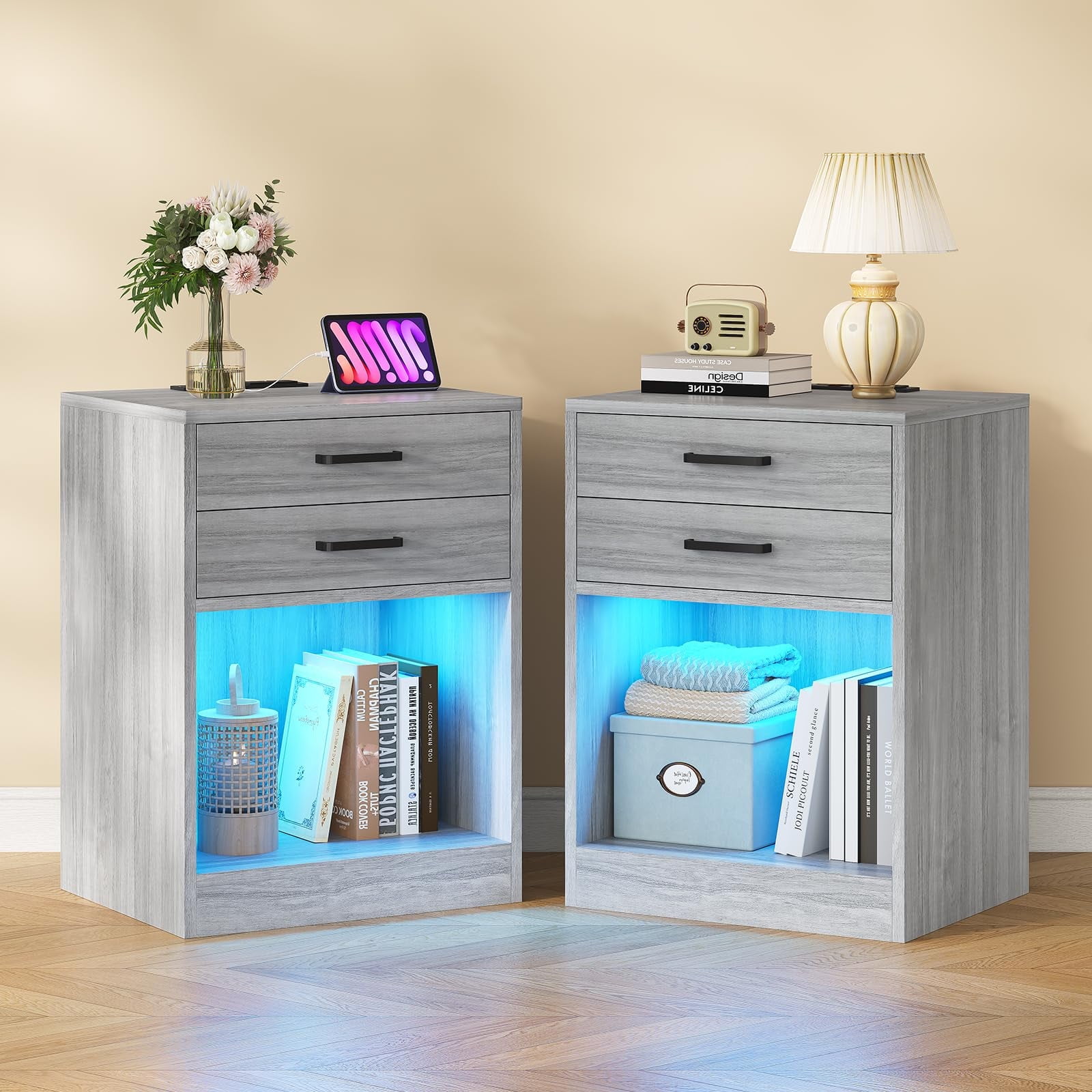 Nightstands Set of 2,LED Night Stands Bedside Table with Drawers for Bedrooms,Nightstand with USB Ports Charging Station and LED Lights, Grey