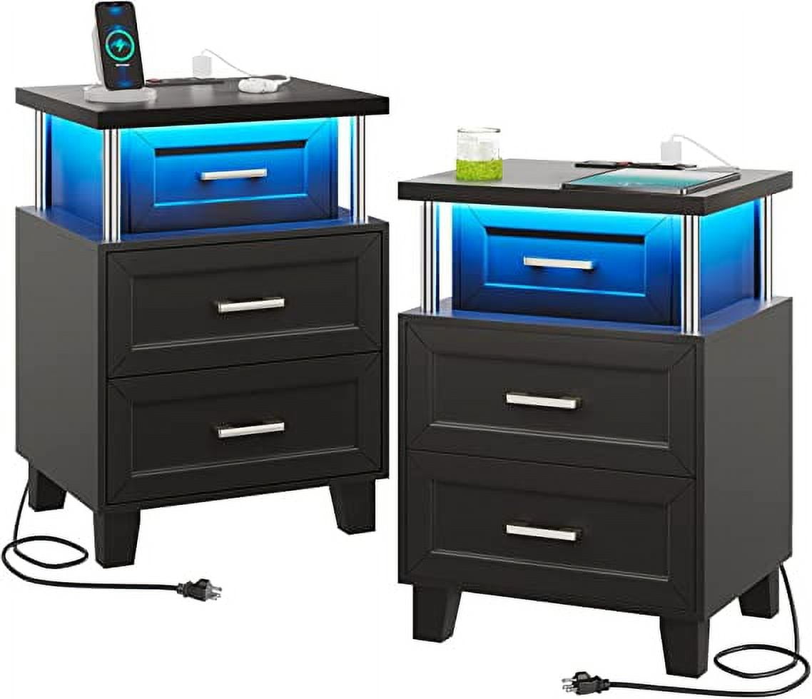 Nightstands Set of 2, LED Nightstand with Charging Station, Black Night