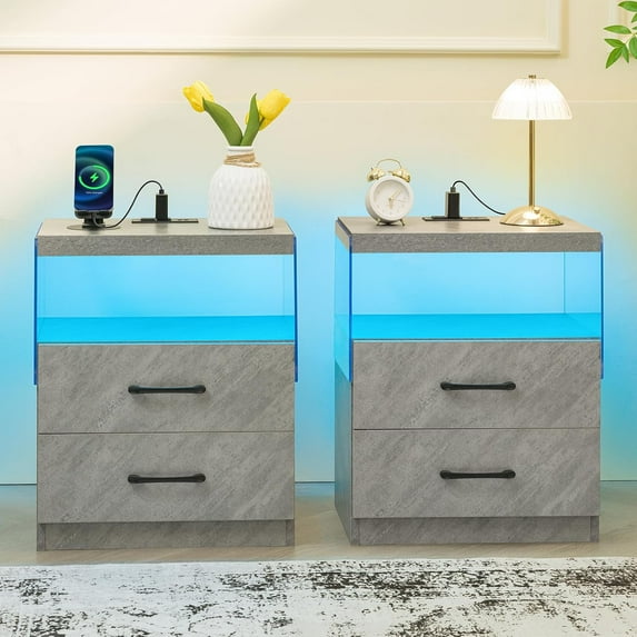 Nightstands Set of 2 LED Nightstand with Charging Station Modern Bedside Table with 2 Drawers LED Night Stand Set 2 for Bedroom (2, Grey)