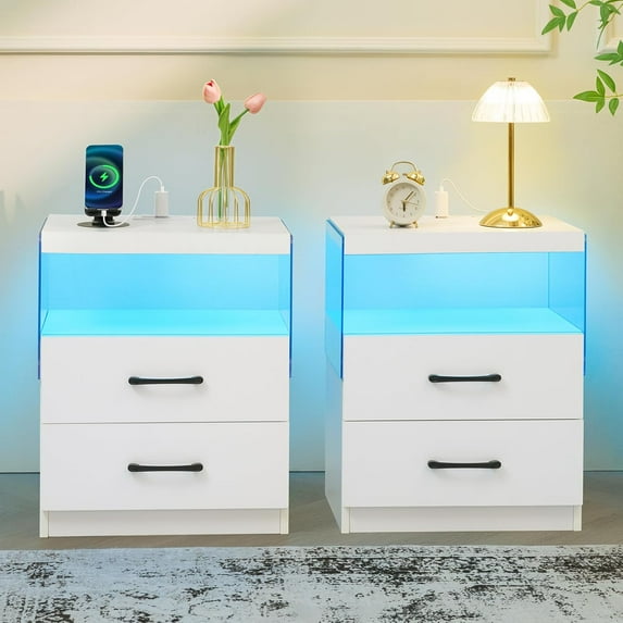 Nightstands Set of 2 LED Nightstand with Charging Station Modern Bedside Table with 2 Drawers LED Night Stand Set 2 for Bedroom (2, White)