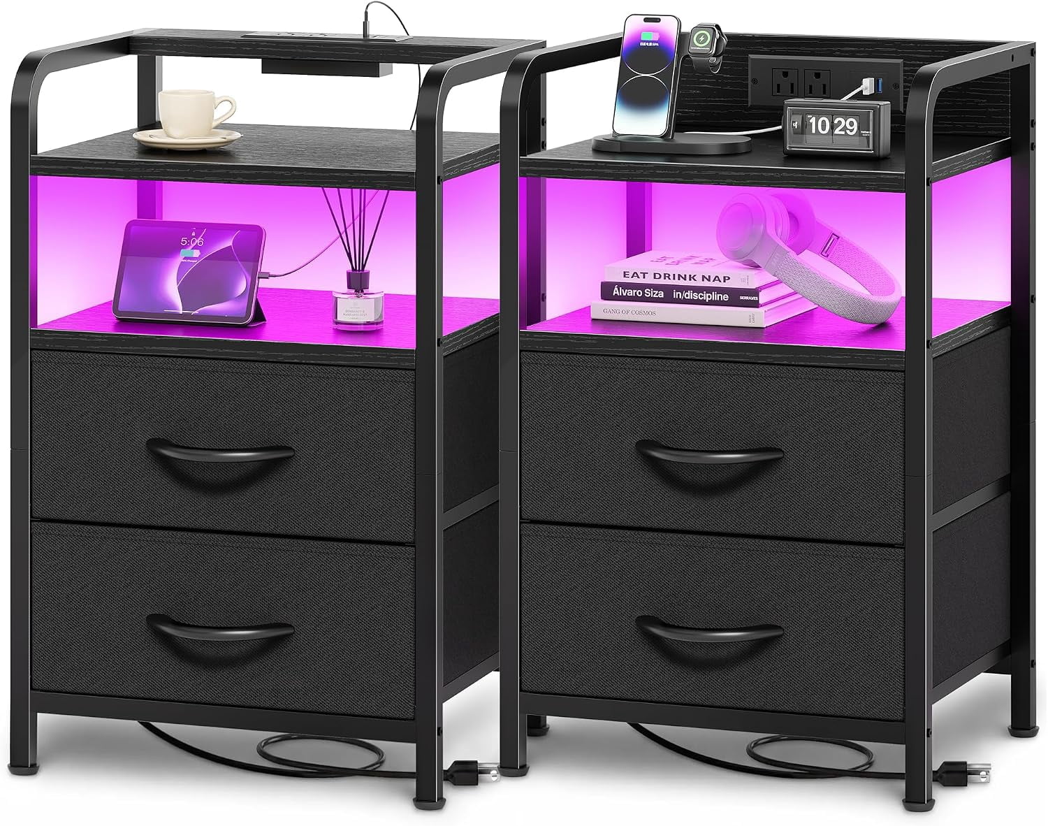 Nightstands Set of 2, Night Stand with LED Lights, Charging Station ...