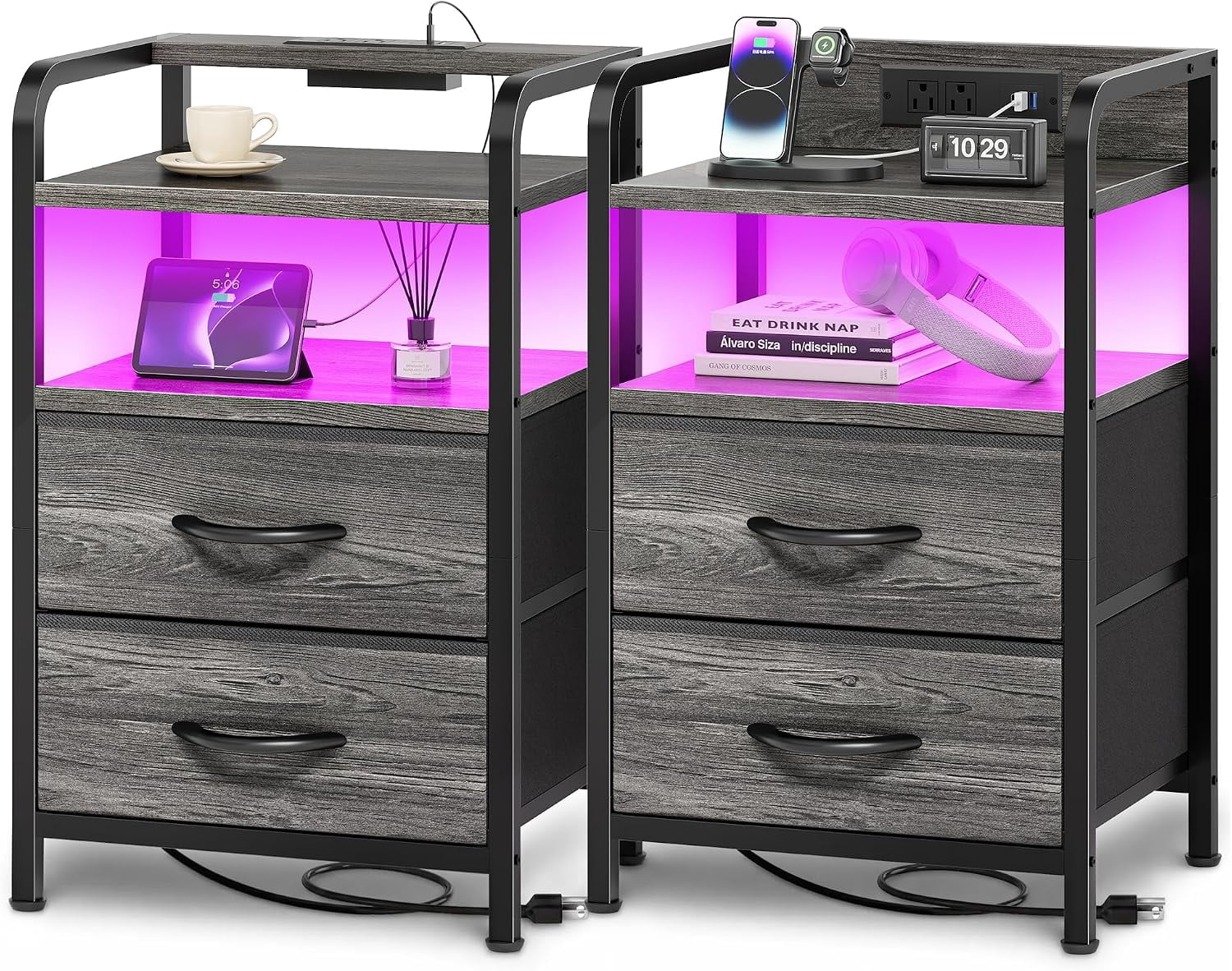 Nightstands Set of 2, Night Stand with LED Lights, Charging Station ...