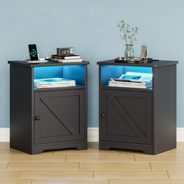 Nightstands Set of 2, Smart Nightstand with Charging Station and LED