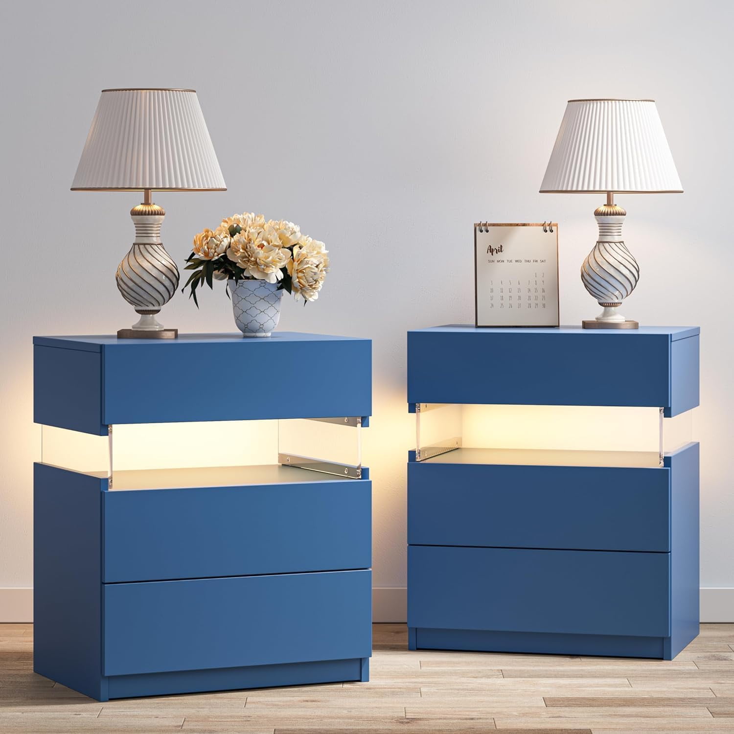 Blue LED 3-Drawer Manufactured Wood Nightstand Set