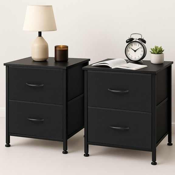 Nightstands Set of 2 with 2 Fabric Drawers, Small Bedside Tables for Bedroom, Closet, Dorm, End Side Table with Storage, Black