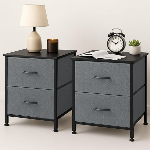 Nightstands Set of 2 with 2 Fabric Drawers, Small Bedside Tables for Bedroom, Closet, Dorm, End Side Table with Storage, Gray