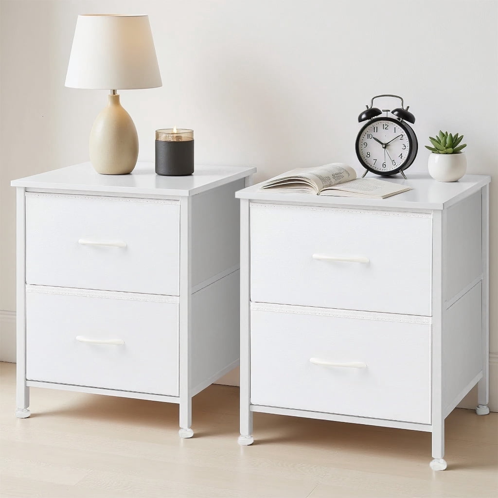 Nightstands Set of 2 with 2 Fabric Drawers, Small Bedside Tables for Bedroom, Closet, Dorm, End Side Table with Storage, White