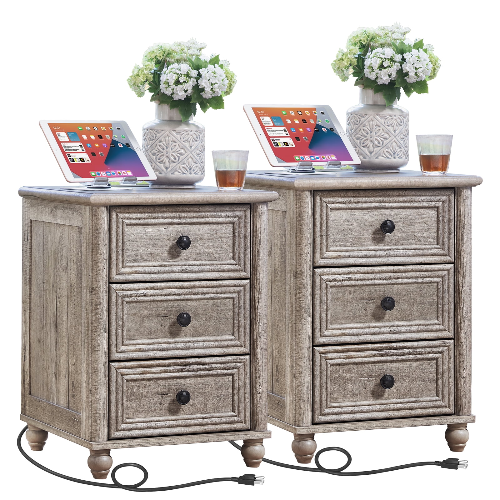 Nightstands Set of 2 with 3 Drawers, Farmhouse Nightstands with Charging Station End Table Beside Table for Bedroom Enrtyway Living Room, Grey Oak