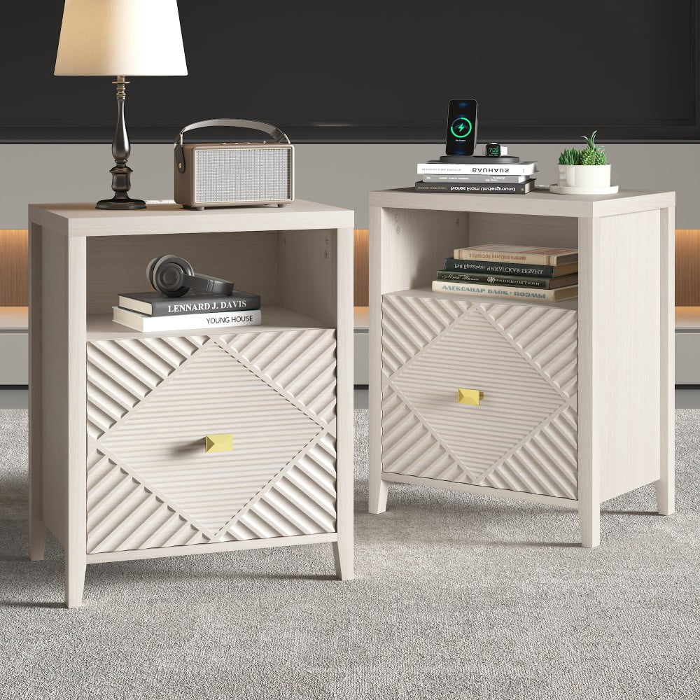 Nightstands Set of 2 with Charging Station, 2 USB Ports & 2 AC Outlets, 19" Modern Bedside Tables with Storage Shelf & Cabinet, Beige