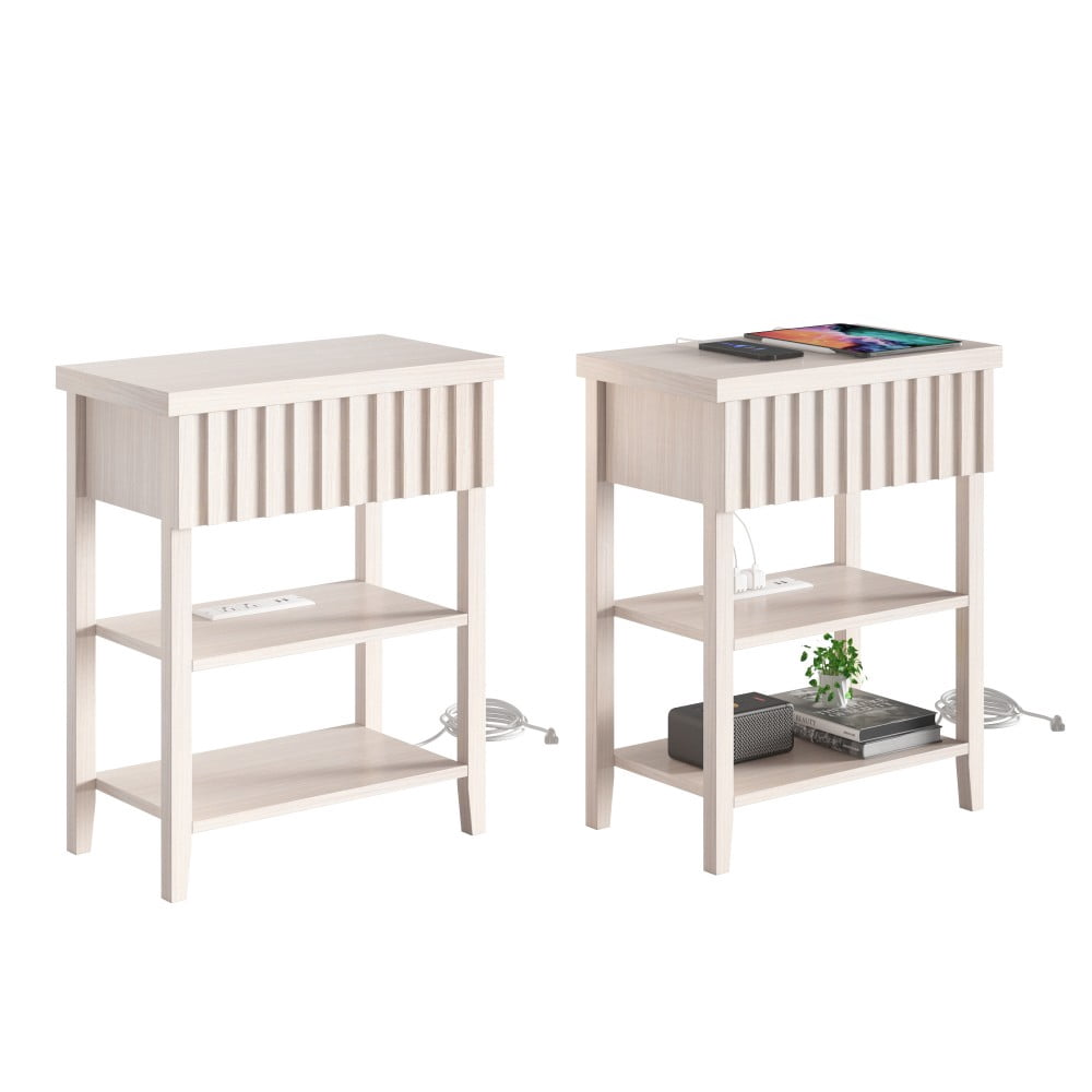 Nightstands Set of 2 with Charging Station, 2 USB Ports & 2 AC Outlets, Fluted Farmhouse Bedside Tables with Drawer & 2 Open Shelves, Beige