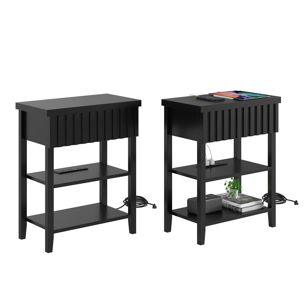 Nightstands Set of 2 with Charging Station, 2 USB Ports & 2 AC Outlets, Fluted Farmhouse Bedside Tables with Drawer & 2 Open Shelves, Black